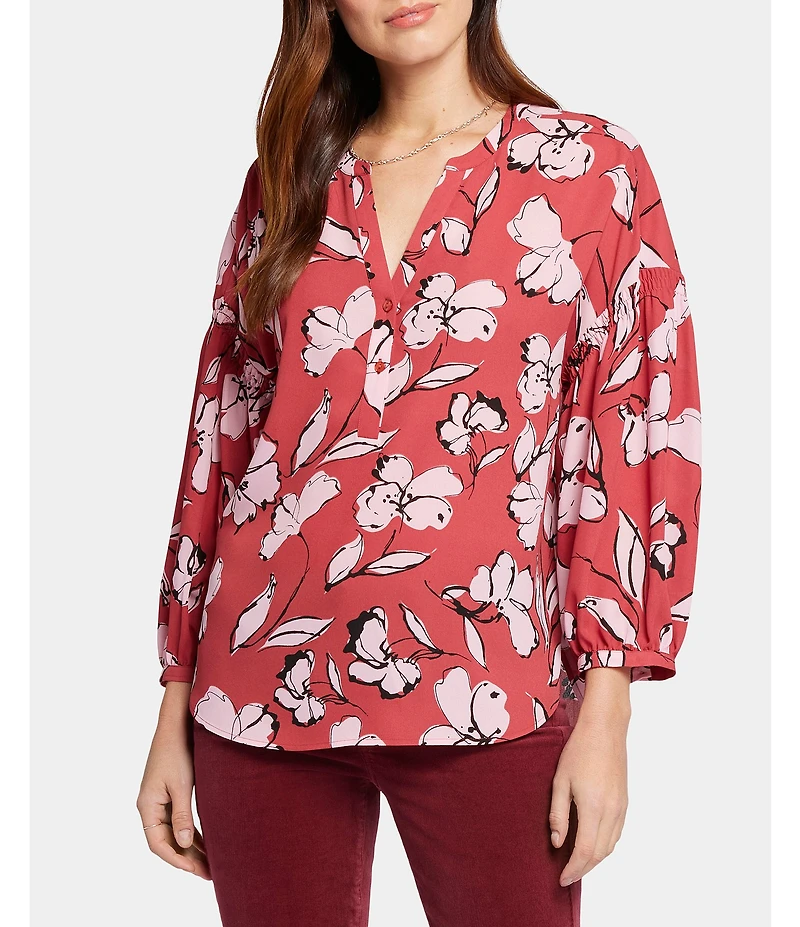 NYDJ Paulina Floral Printed Woven Split V-Neck 3/4 Sleeve Button Front Peasant Blouse