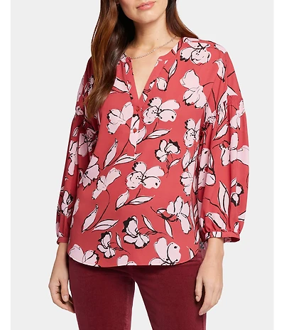 NYDJ Paulina Floral Printed Woven Split V-Neck 3/4 Sleeve Button Front Peasant Blouse