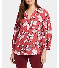 NYDJ Paulina Floral Printed Woven Split V-Neck 3/4 Sleeve Button Front Peasant Blouse