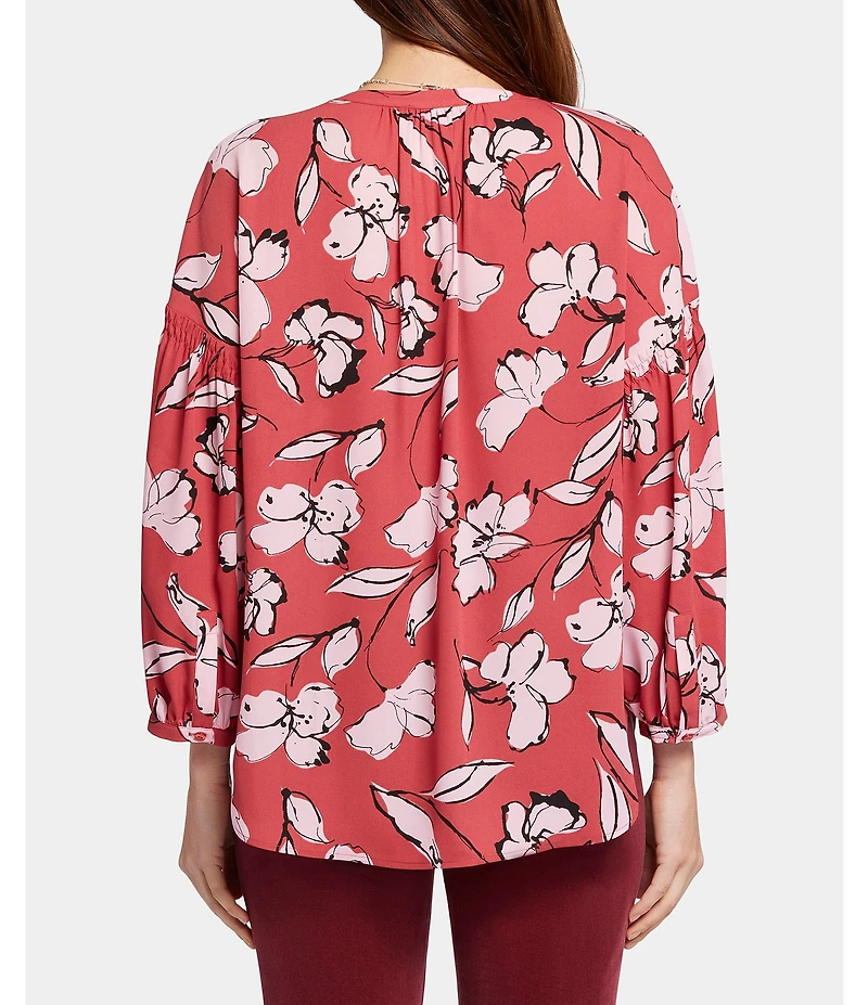 NYDJ Paulina Floral Printed Woven Split V-Neck 3/4 Sleeve Button Front Peasant Blouse