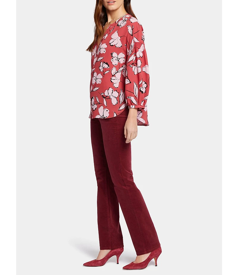 NYDJ Paulina Floral Printed Woven Split V-Neck 3/4 Sleeve Button Front Peasant Blouse