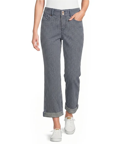 NYDJ Petite Size Bailey Stripe Denim High Rise Straight Leg Crop Length Jeans