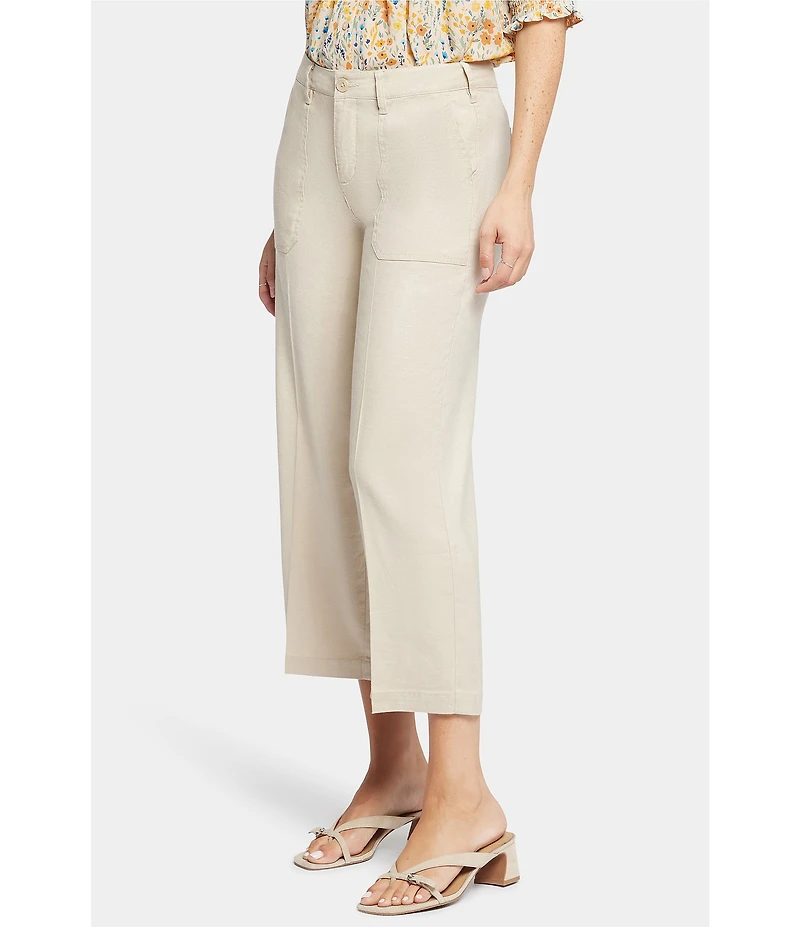 NYDJ Petite Size Stretch Linen Blend High Rise Wide Leg Cargo Capri Pants