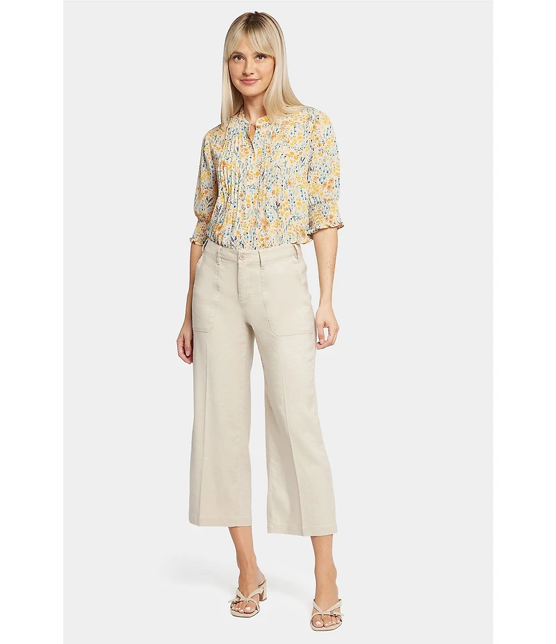 NYDJ Petite Size Stretch Linen Blend High Rise Wide Leg Cargo Capri Pants