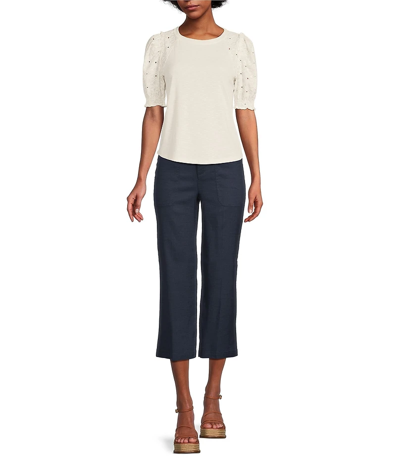 NYDJ Petite Size Stretch Linen Blend High Rise Wide Leg Cargo Capri Pants