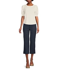 NYDJ Petite Size Stretch Linen Blend High Rise Wide Leg Cargo Capri Pants