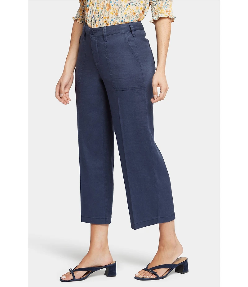 NYDJ Petite Size Stretch Linen Blend High Rise Wide Leg Cargo Capri Pants