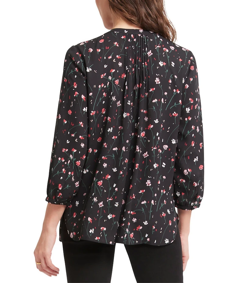 NYDJ Pintuck Woven Billowy Split Round Neckline Pleated Blouse