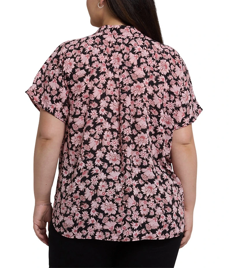 NYDJ Plus Size Becky Printed Point Collar Neck Short Sleeve Shirttail Hem Blouse