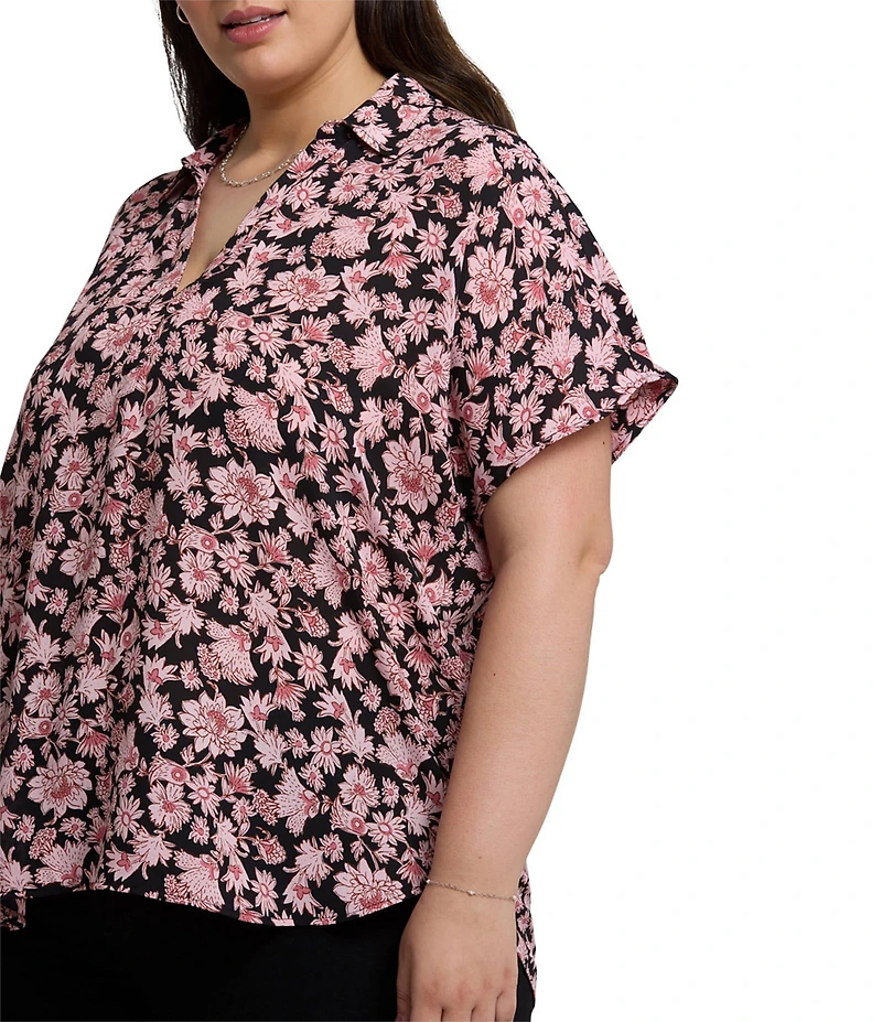 NYDJ Plus Size Becky Printed Point Collar Neck Short Sleeve Shirttail Hem Blouse
