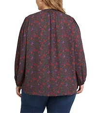 NYDJ Plus Size Ditsy Floral Print Y-Neck Long Puffed Sleeve Popover Top