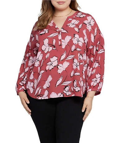 NYDJ Plus Size Paulina Floral Print Peasant Blouse
