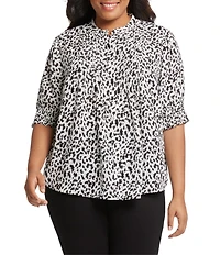 NYDJ Plus Size Printed Pleated 3/4 Smocked Cuff Sleeve Half-Button Front Blouse