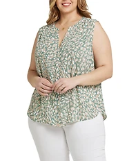 NYDJ Plus Size Printed Split Round Neck Sleeveless Back Pleated Blouse