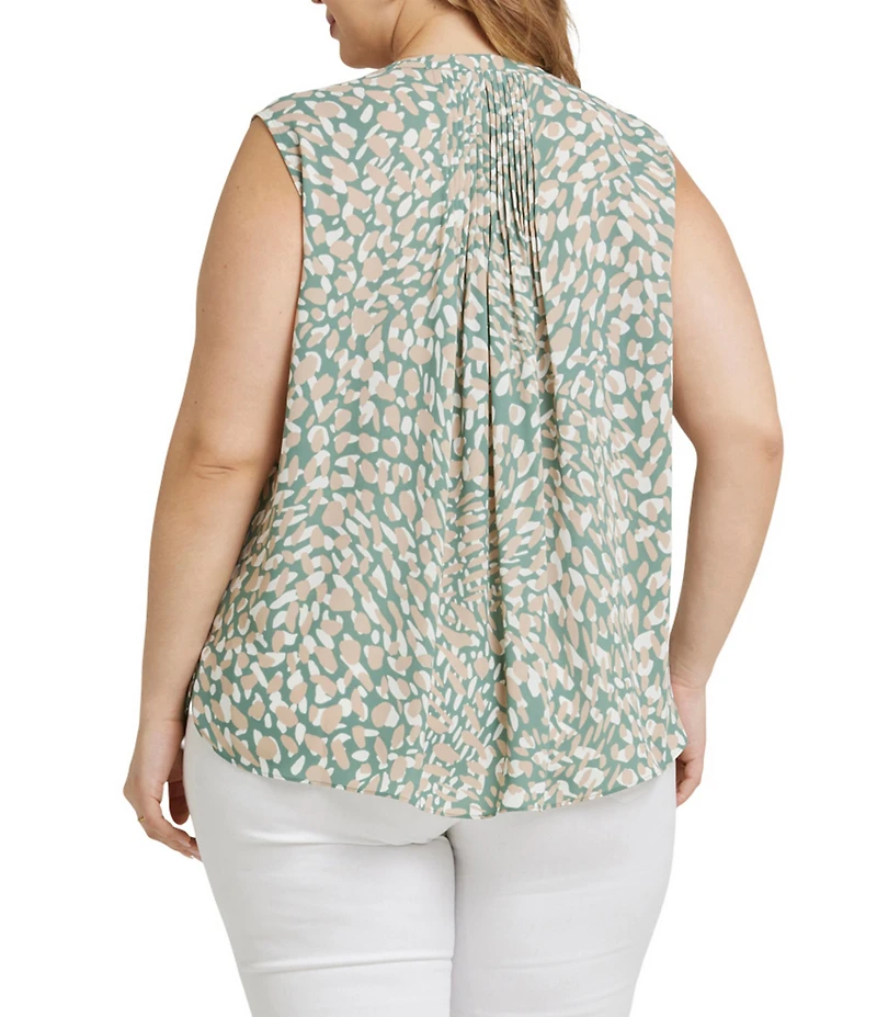 NYDJ Plus Size Printed Split Round Neck Sleeveless Back Pleated Blouse