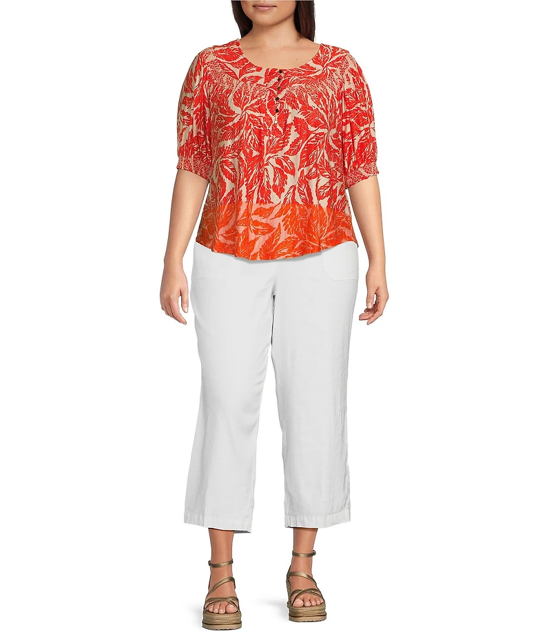 NYDJ Plus Size Stretch Linen Blend High Rise Wide Leg Capri Pants