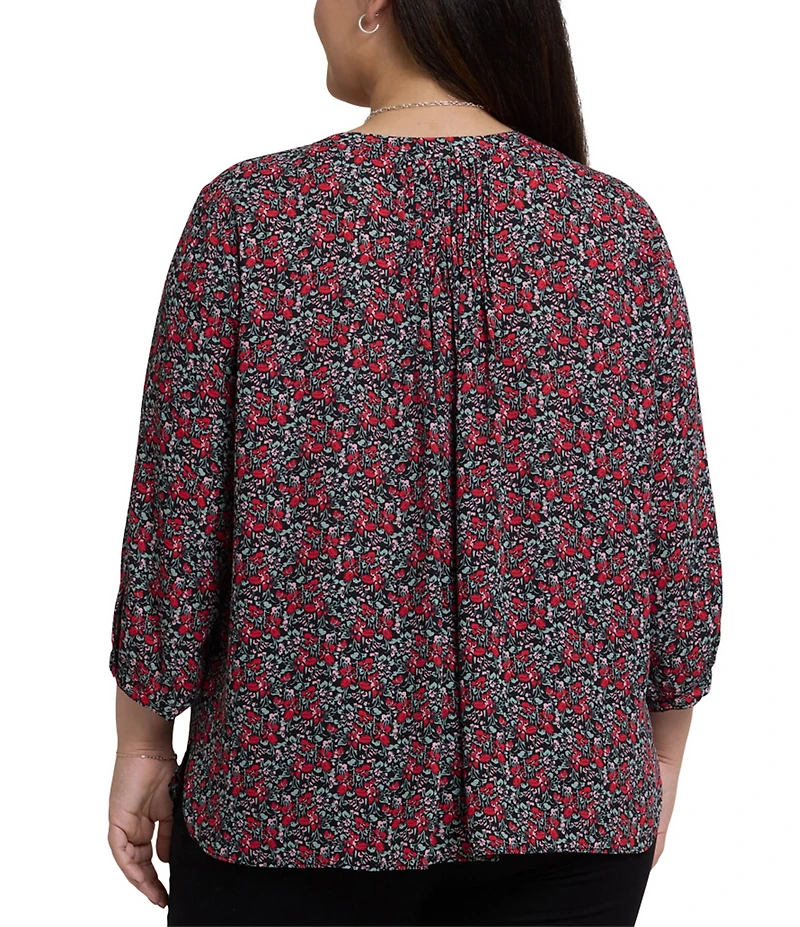 NYDJ Plus Size Woven Los Rosales Split Round V-Neck 3/4 Sleeve Pintuck Blouse