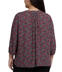 NYDJ Plus Size Woven Los Rosales Split Round V-Neck 3/4 Sleeve Pintuck Blouse