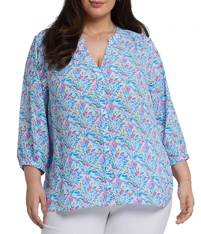 NYDJ Plus Size Woven Serafia Split Round V-Neck 3/4 Sleeve Pintuck Blouse