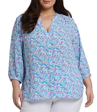 NYDJ Plus Size Woven Serafia Split Round V-Neck 3/4 Sleeve Pintuck Blouse