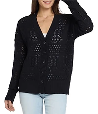 NYDJ Pointelle Woven Scoop Neck Long Sleeve Cardigan