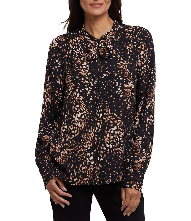 NYDJ Printed Tie-Neck Long Blouson Sleeve Blouse