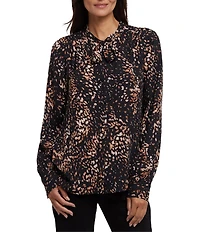 NYDJ Printed Tie-Neck Long Blouson Sleeve Blouse