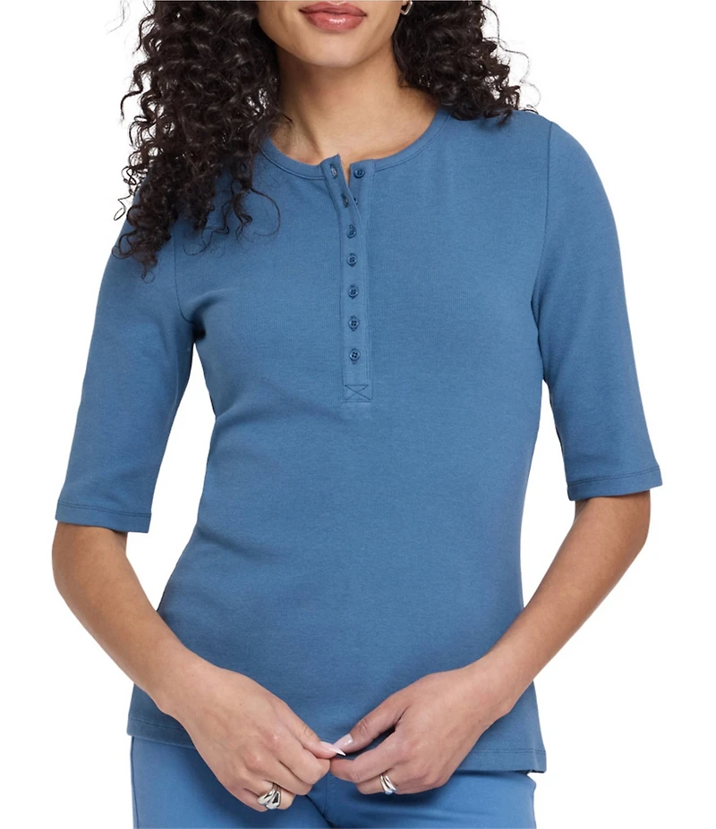 NYDJ Ribbed Knit Henley Neck Short Sleeve Top