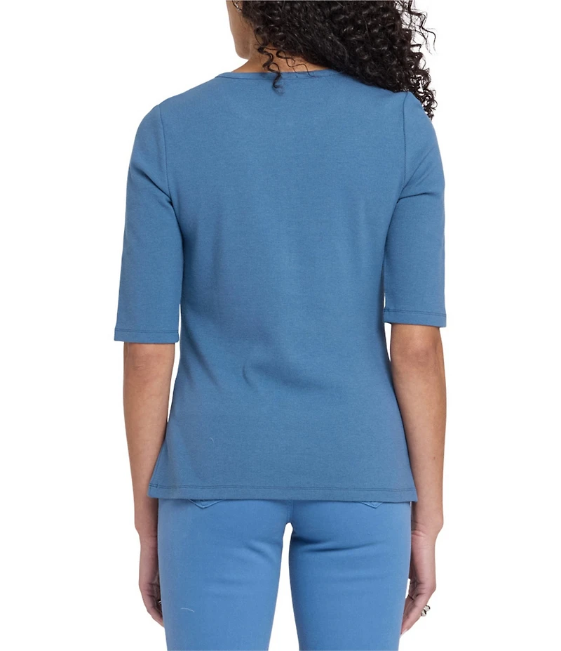 NYDJ Ribbed Knit Henley Neck Short Sleeve Top