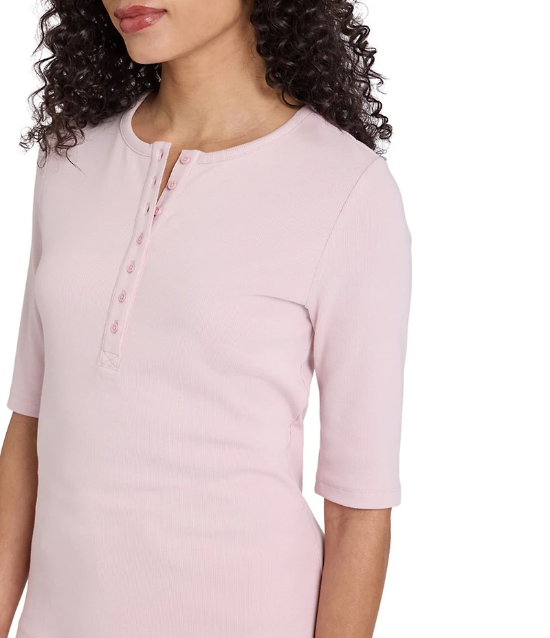 NYDJ Ribbed Knit Henley Neck Short Sleeve Top