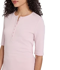 NYDJ Ribbed Knit Henley Neck Short Sleeve Top