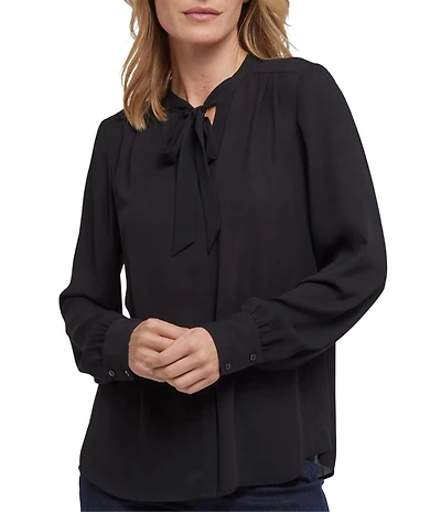 NYDJ Solid Tie-Neck Long Blouson Sleeve Blouse