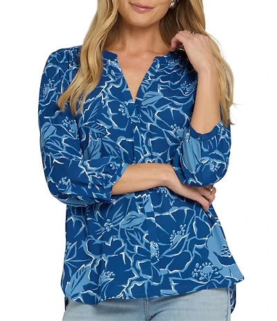 NYDJ Split Round Neck 3/4 Sleeves Pintuck Blouse