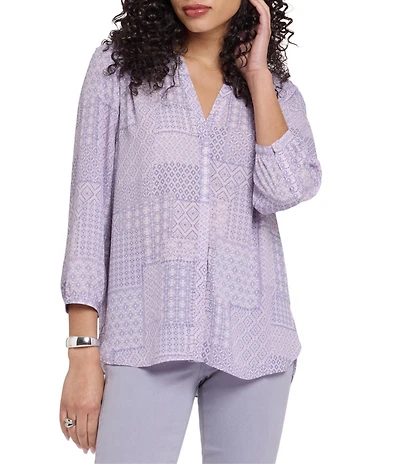 NYDJ Split Round Neck 3/4 Sleeves Pintuck Blouse