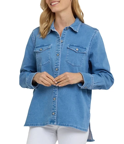 NYDJ Stretch Denim Point Collar Long Sleeve Oversize Shirt