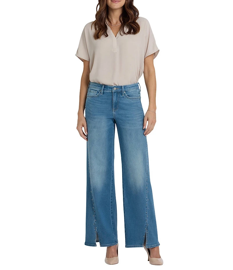 NYDJ Teresa Lift Tuck® Technology Rhinestone Front Slit Hem Mid Rise Wide Leg Jeans