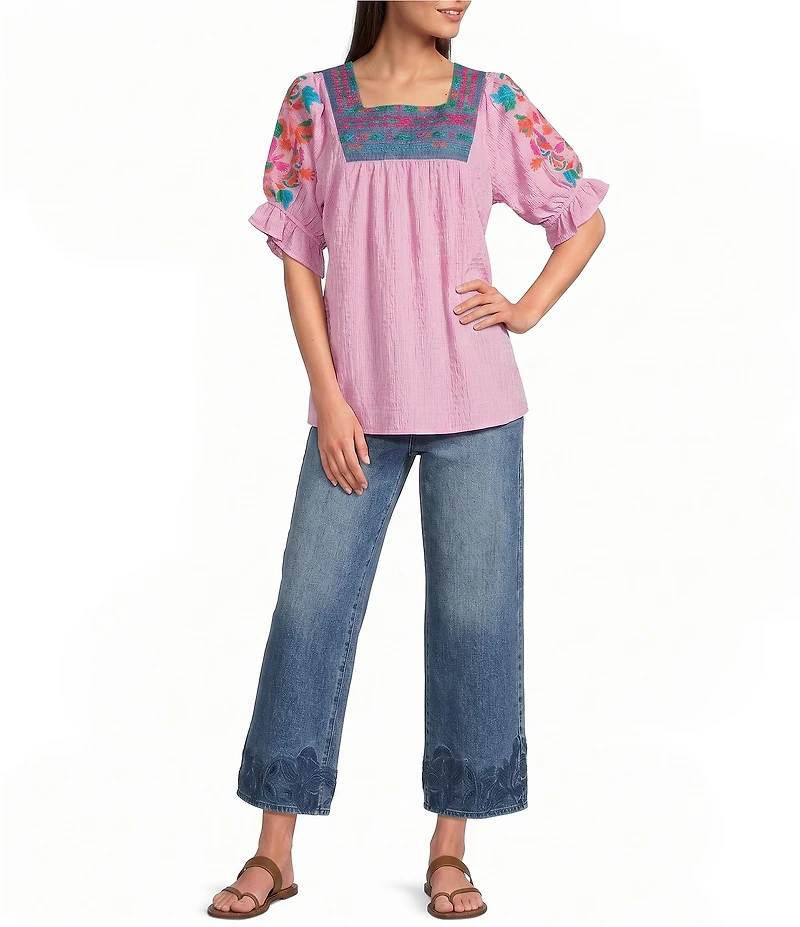 NYDJ Teresa Stretch Denim High Rise Wide Leg Crochet Hem Jeans
