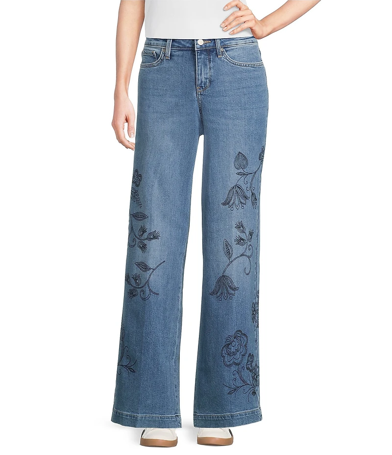 NYDJ Teresa Stretch Denim Wide Leg Floral Embroidered Jeans