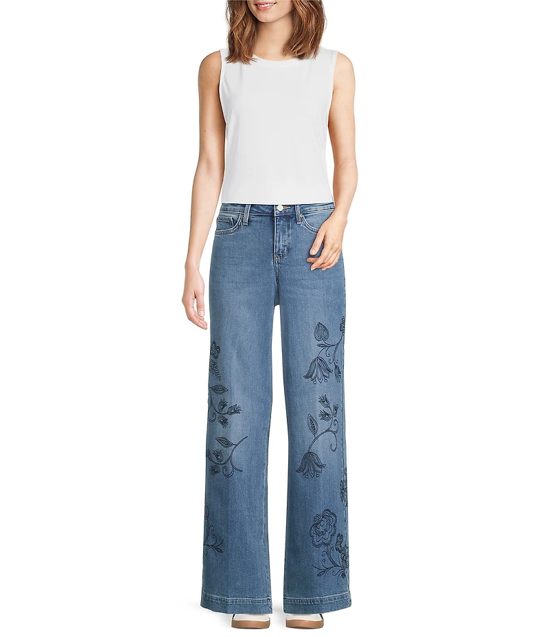 NYDJ Teresa Stretch Denim Wide Leg Floral Embroidered Jeans