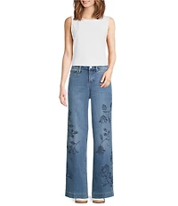 NYDJ Teresa Stretch Denim Wide Leg Floral Embroidered Jeans