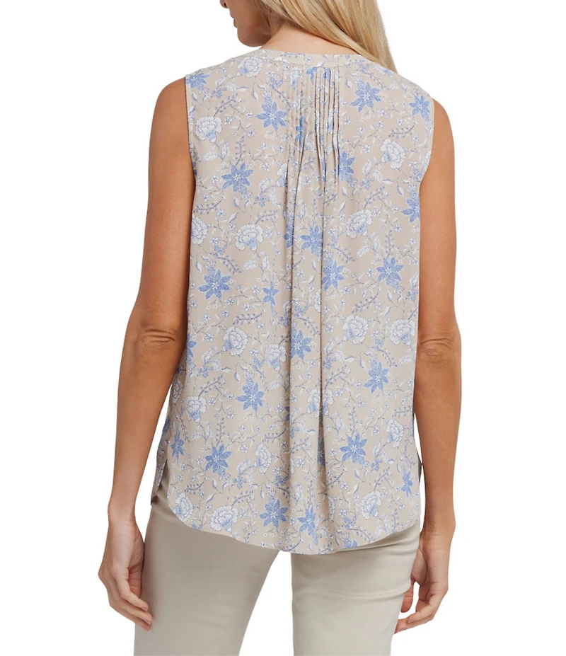 NYDJ Woven Floral Print Sleeveless Inverted Pleat Mandarin Collar Pintuck Blouse
