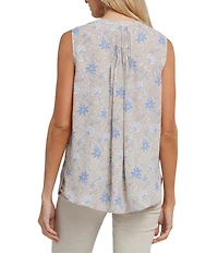 NYDJ Woven Floral Print Sleeveless Inverted Pleat Mandarin Collar Pintuck Blouse