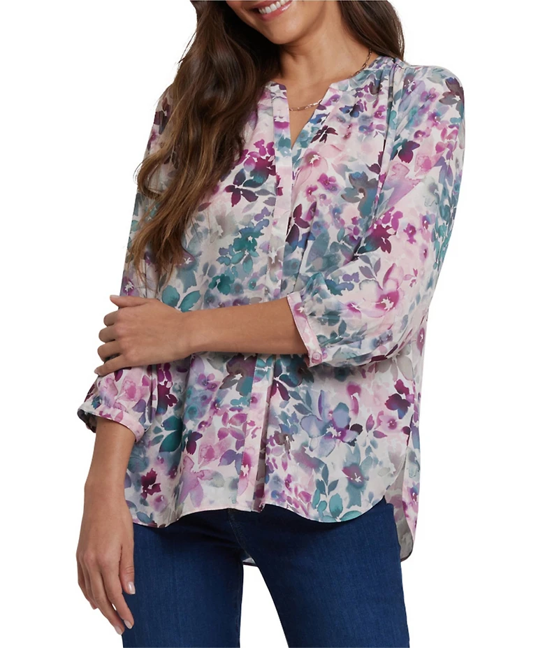 NYDJ Woven Floral Print Split V-Neck Button Front 3/4 Sleeve Blouse