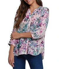 NYDJ Woven Floral Print Split V-Neck Button Front 3/4 Sleeve Blouse