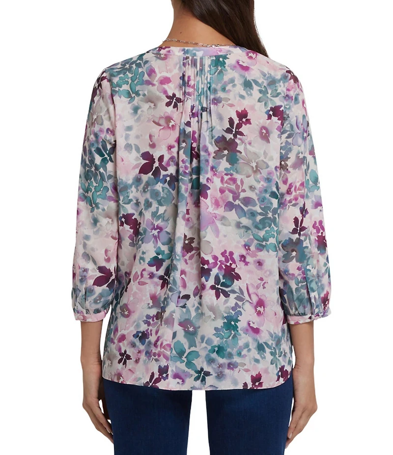 NYDJ Woven Floral Print Split V-Neck Button Front 3/4 Sleeve Blouse