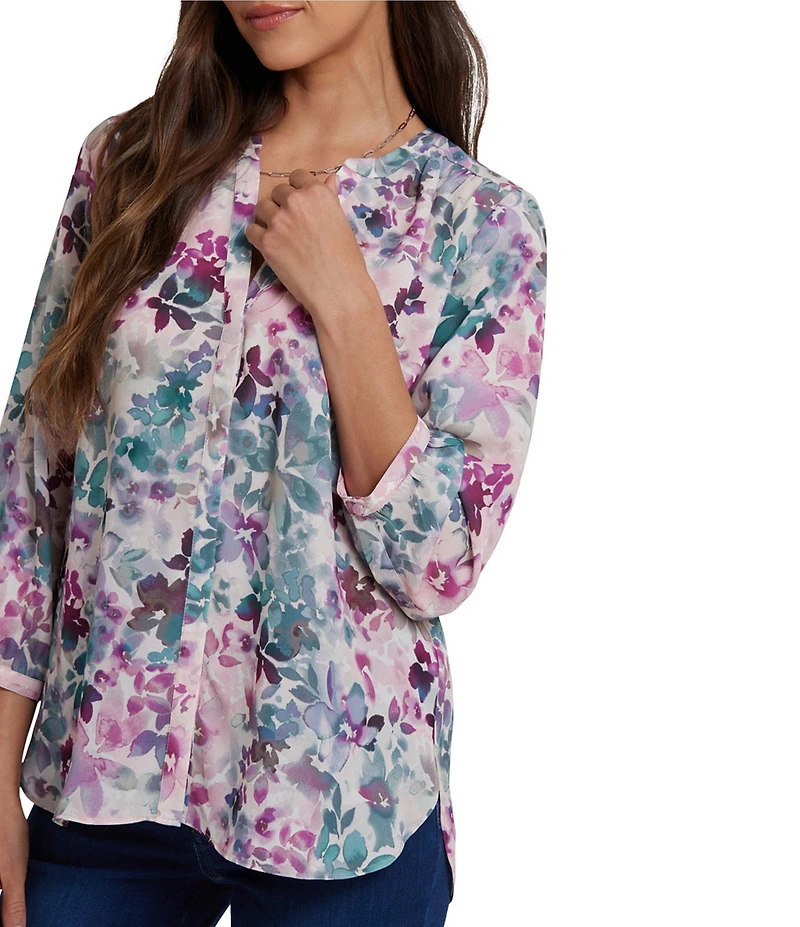 NYDJ Woven Floral Print Split V-Neck Button Front 3/4 Sleeve Blouse