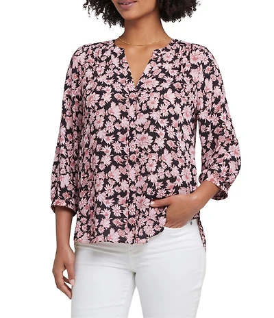 NYDJ Woven Floral Printed Split V-Neck Button Front 3/4 Sleeve Blouse