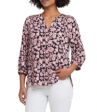 NYDJ Woven Floral Printed Split V-Neck Button Front 3/4 Sleeve Blouse