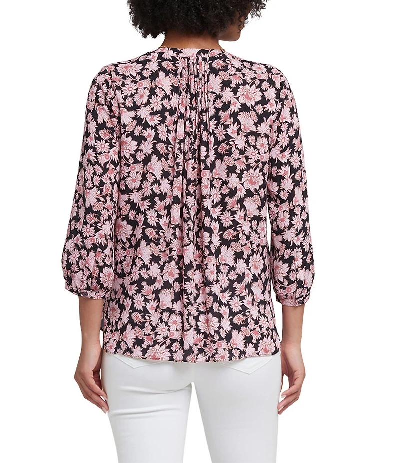NYDJ Woven Floral Printed Split V-Neck Button Front 3/4 Sleeve Blouse