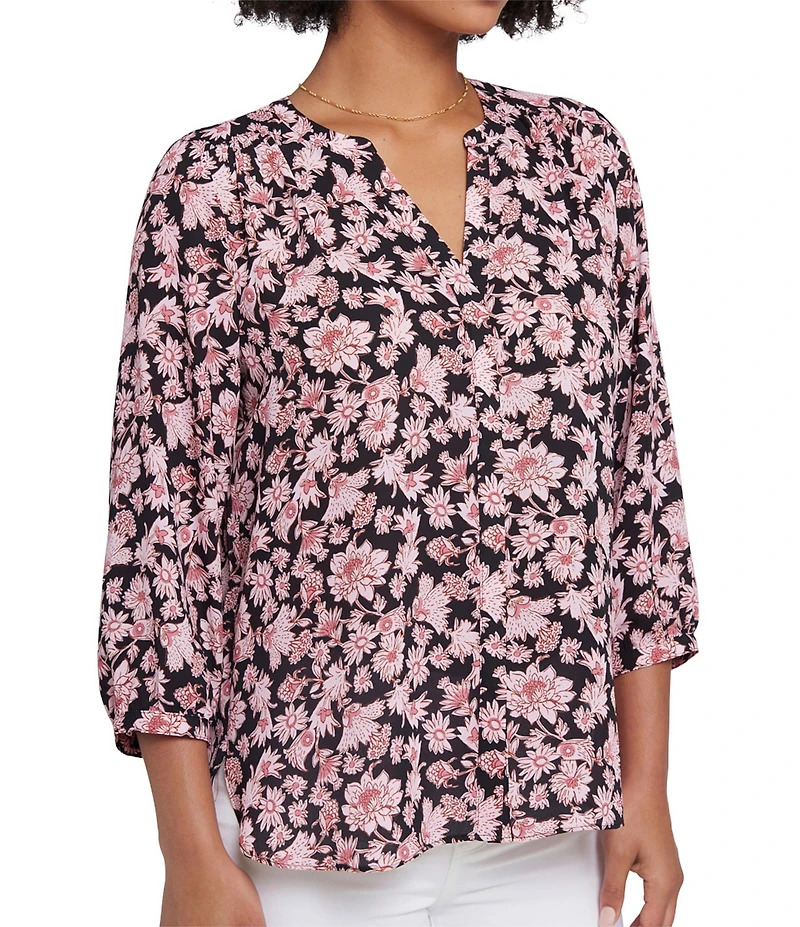 NYDJ Woven Floral Printed Split V-Neck Button Front 3/4 Sleeve Blouse